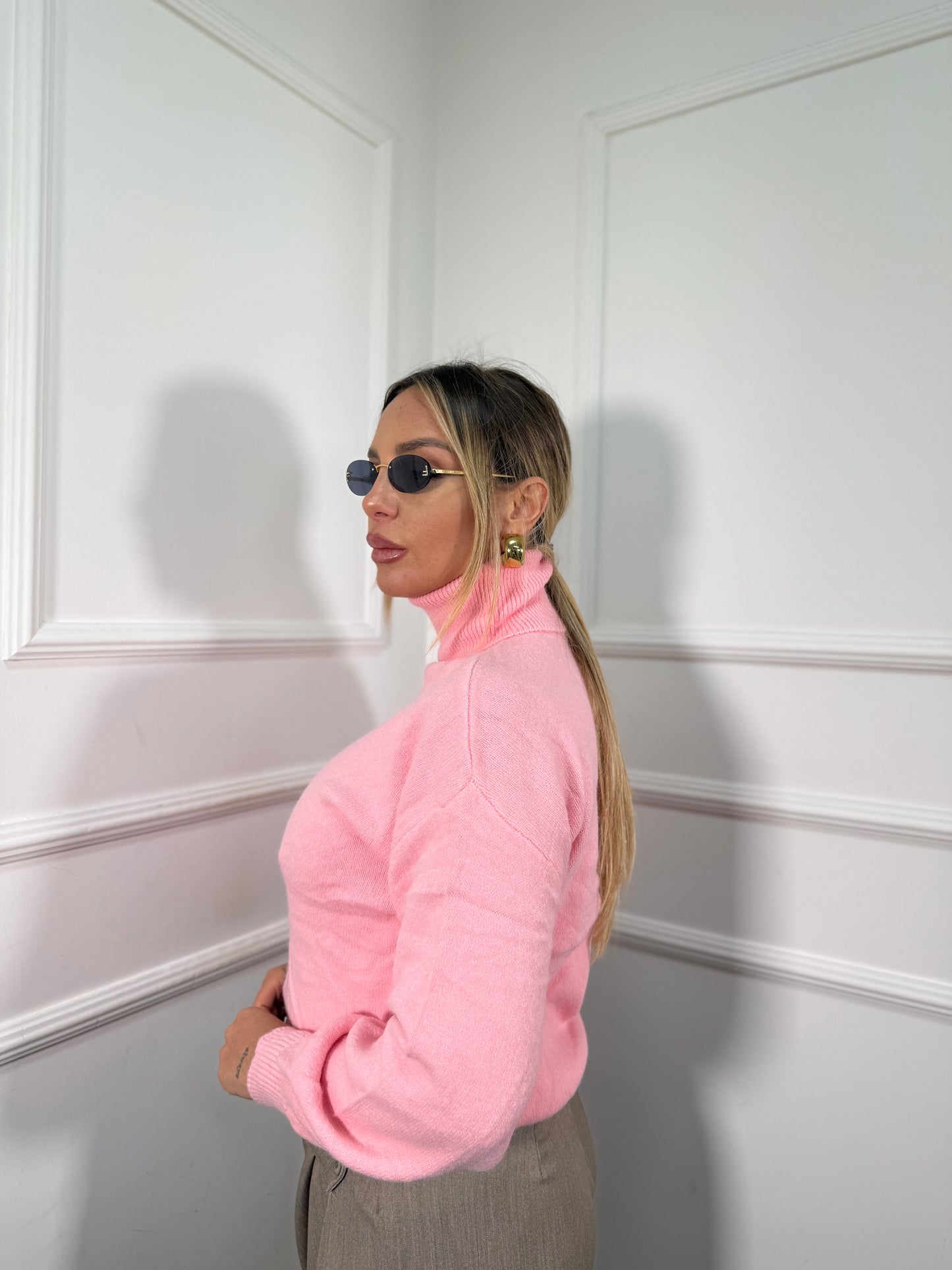 Pullover collo alto manica balloon rosa pesca 2022