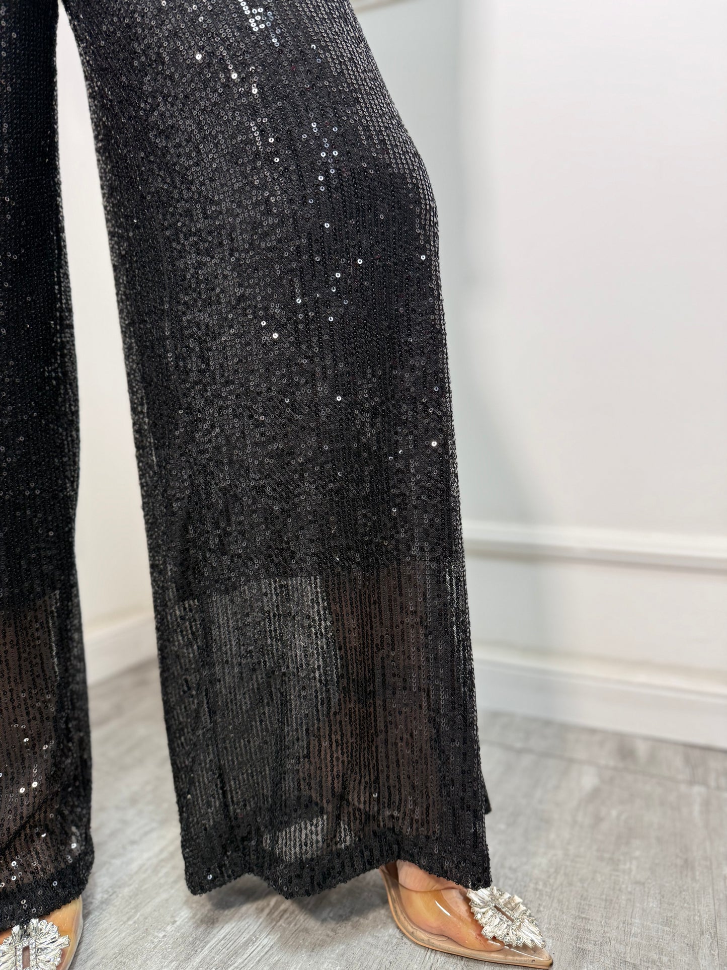 Pantaloni palazzo micro paillettes nero 30696