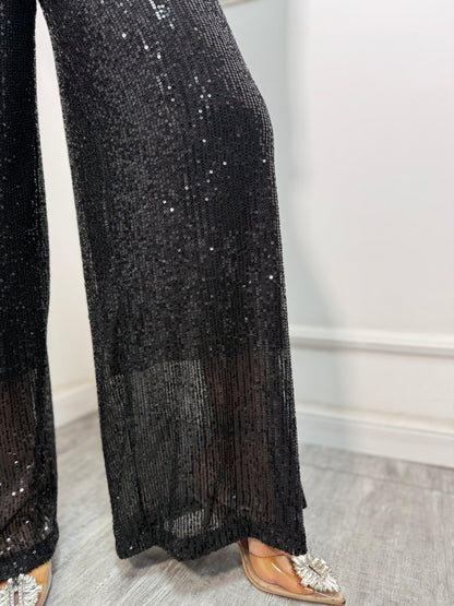 Pantaloni palazzo micro paillettes nero 30696