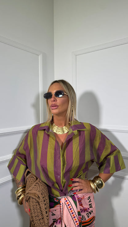 Camicia Crop semivelata a righe Panorama verde/viola 4099