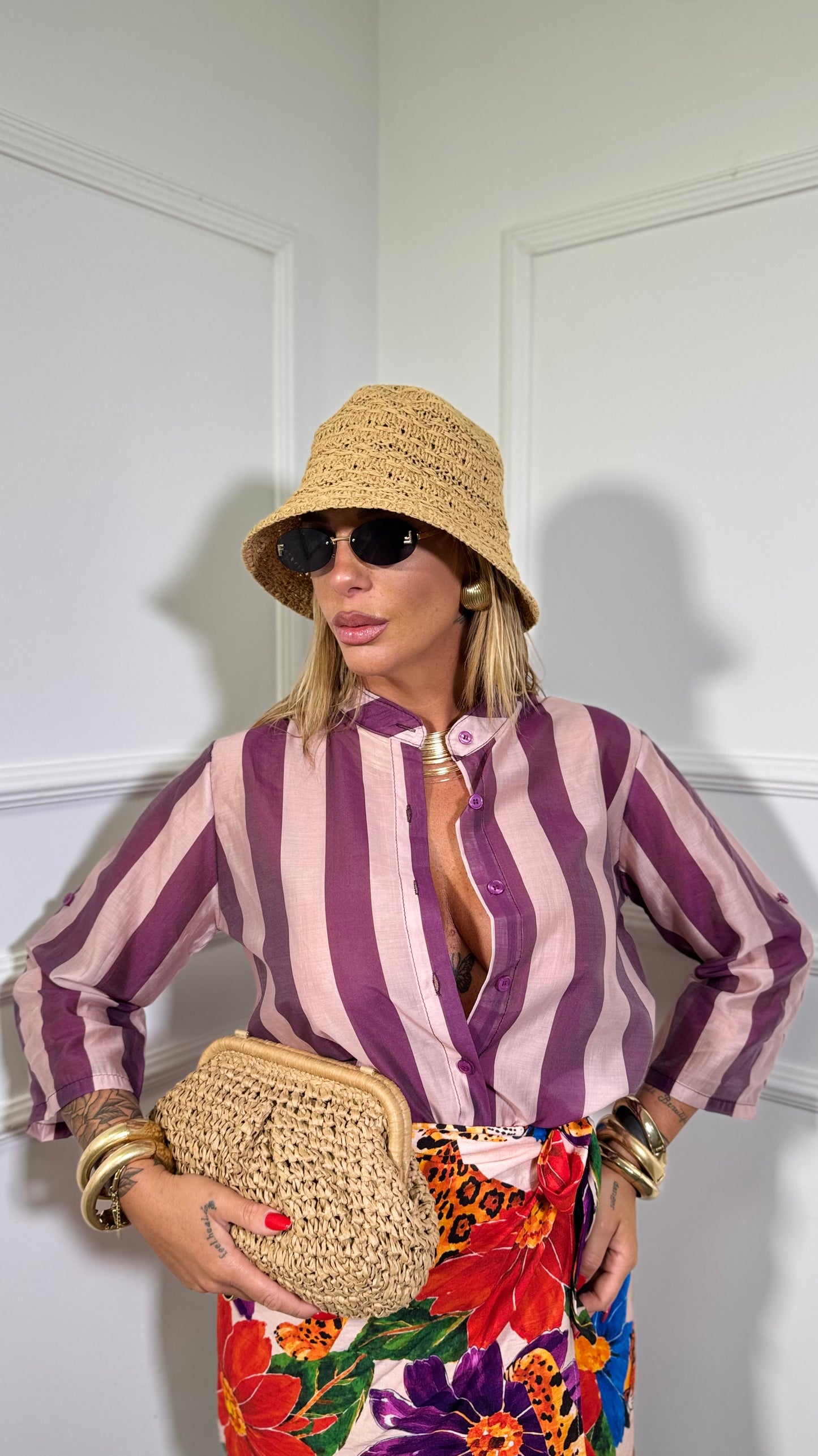 Camicia coreana semi velata a righe Jappo viola/rosa 20392