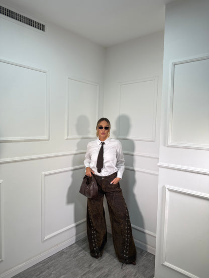 Jeans balloon stringato velluto e denim verde 6633