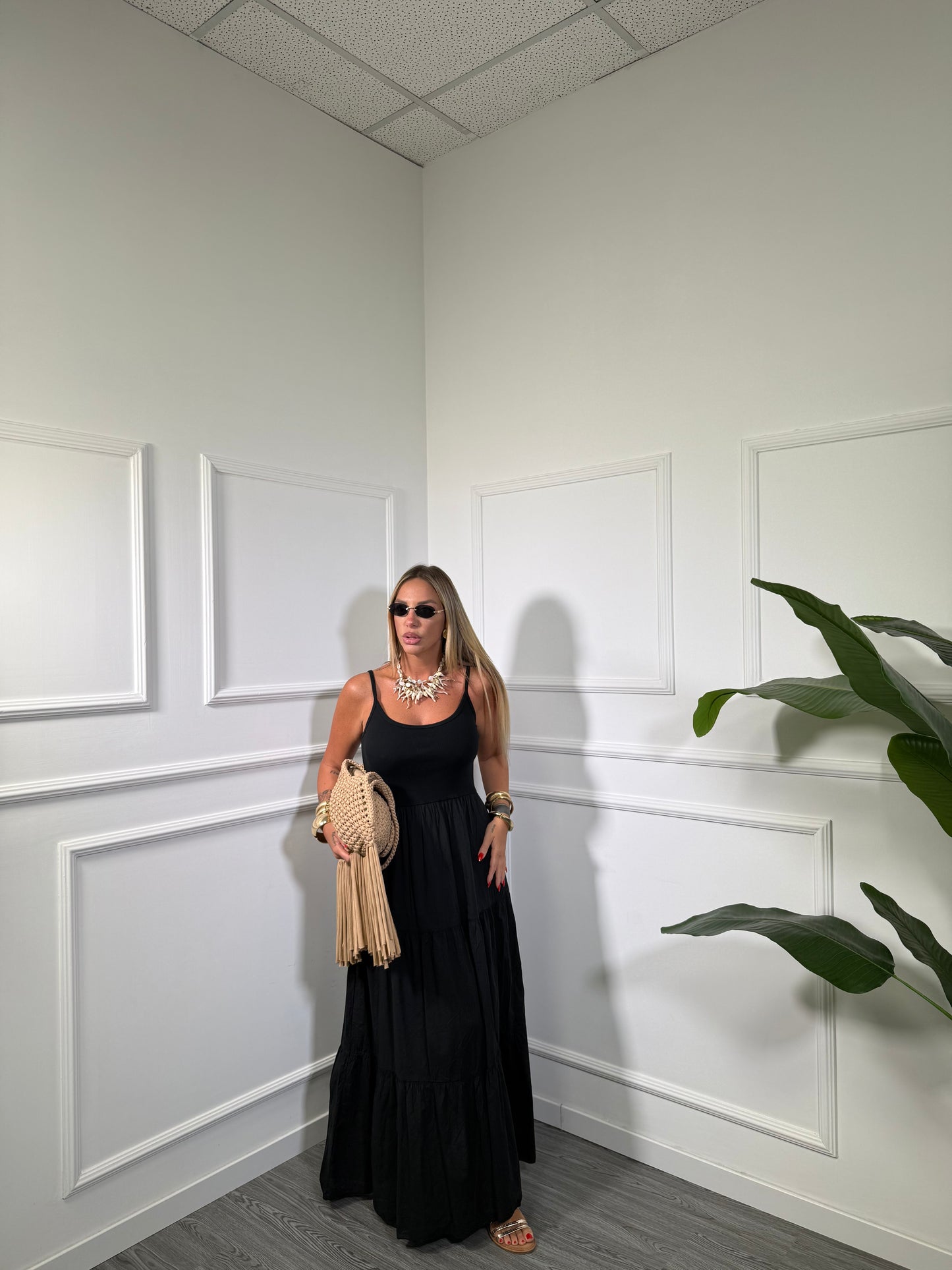 Abito midi in cotone con top a costine nero 26705