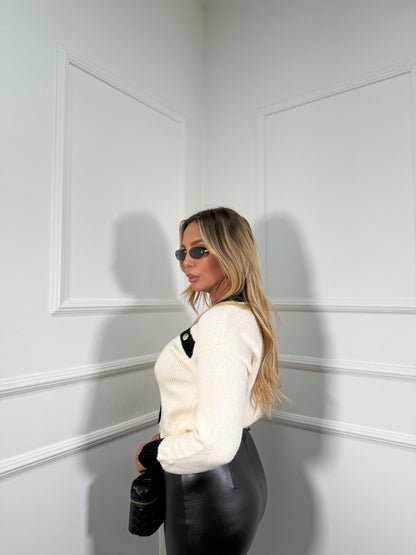 Cardigan lana cotta Sandy bianco/nero