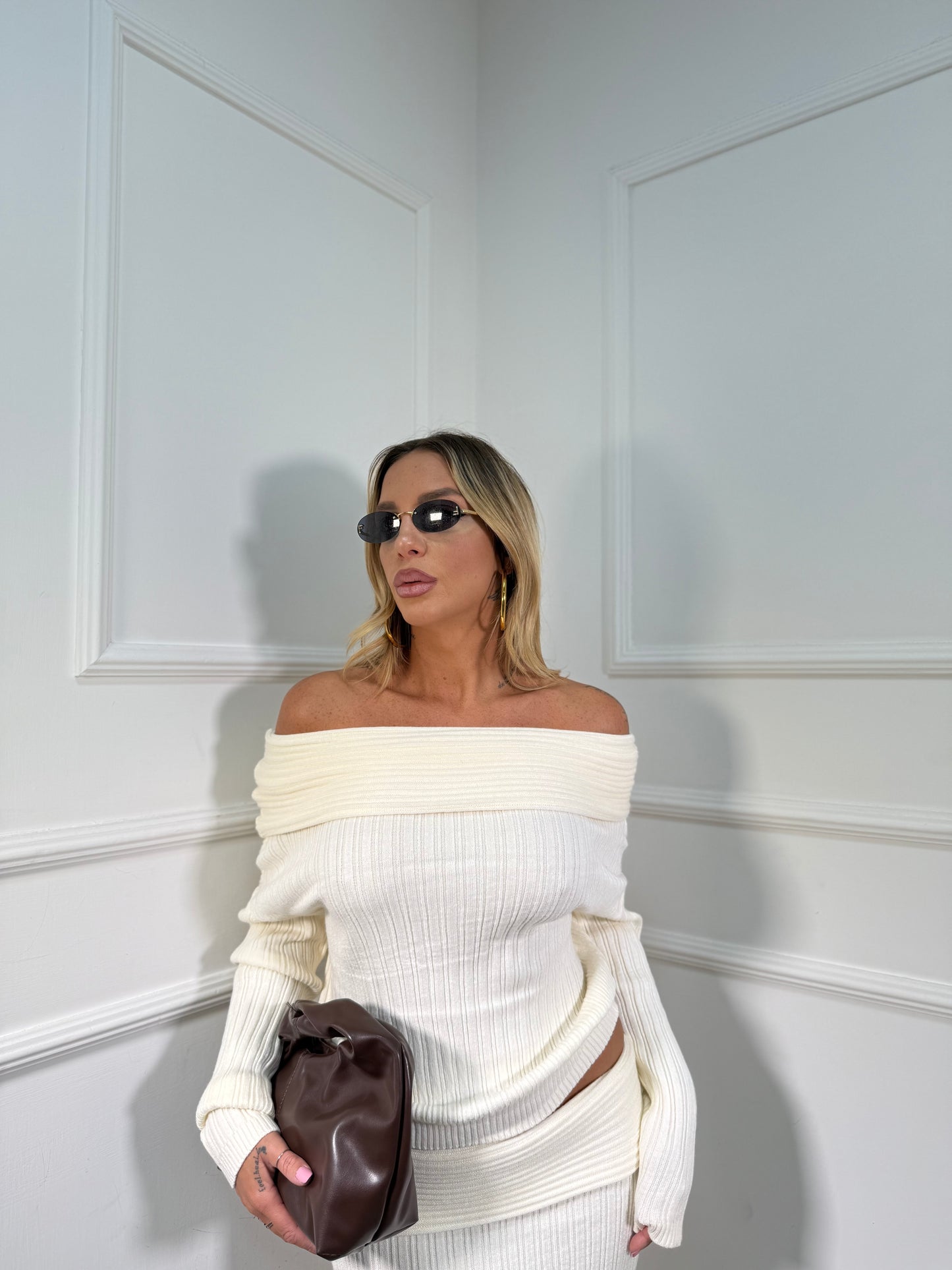 Coordinato a costine scollo a barca Shanty panna g173