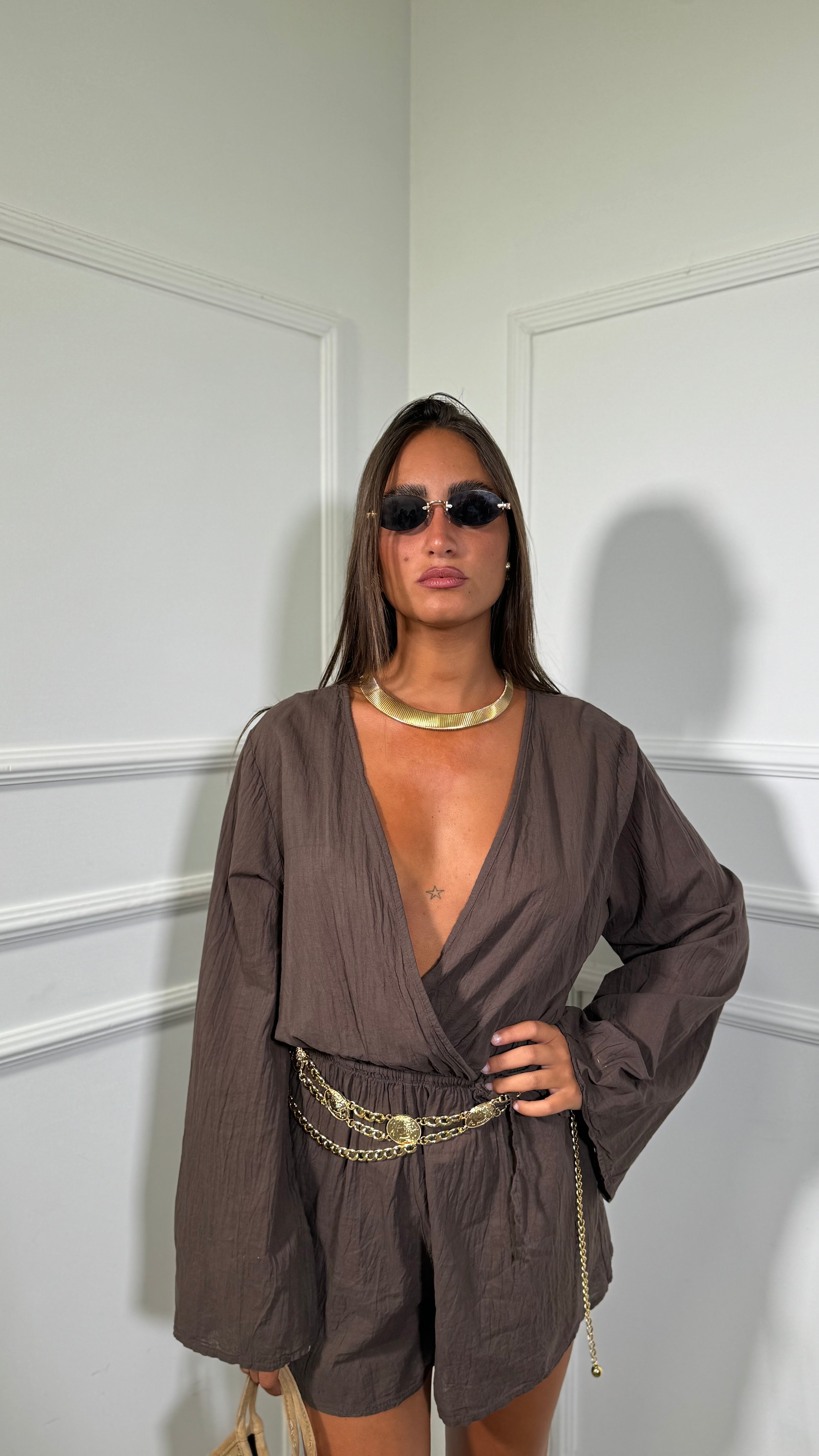 Jumpsuit in viscosa manica campana con coulisse Chloè cioccolato