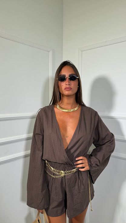 Jumpsuit in viscosa manica campana con coulisse Chloè cioccolato