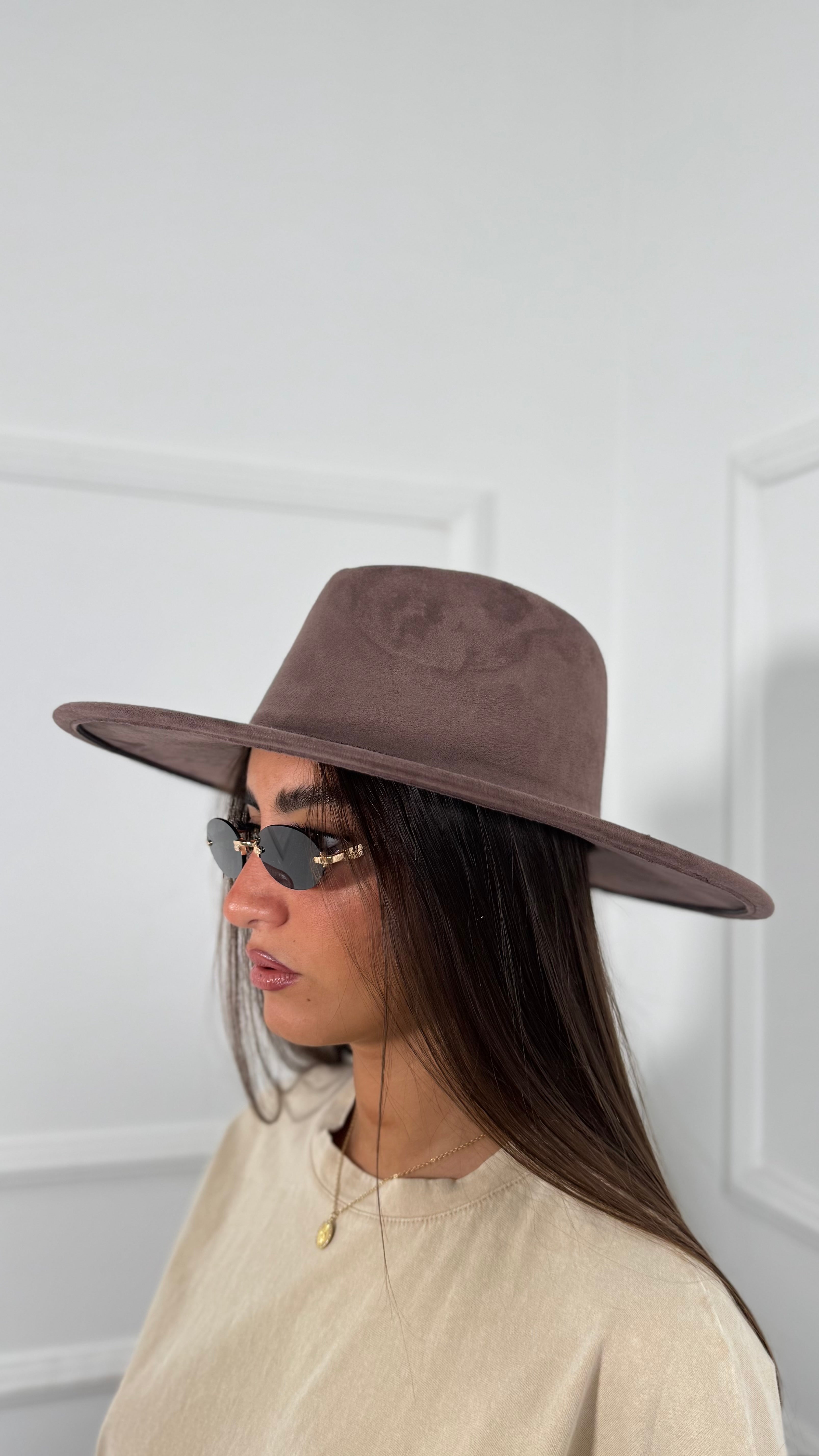 Cappello eco camoscio falda larga marrone