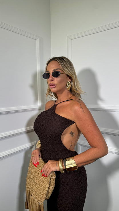 Abito midi in pizzo scollo sul retro cioccolato Mikla a3155