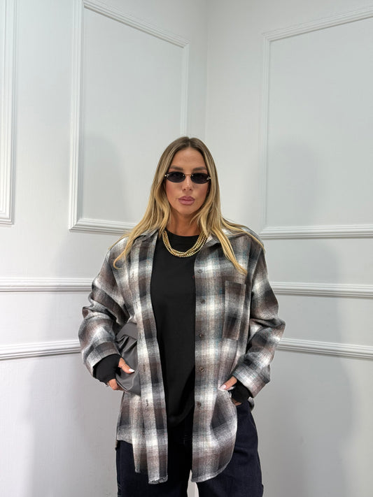 Camicia oversize in flanella con spalline Marshal marrone/bianca 25765