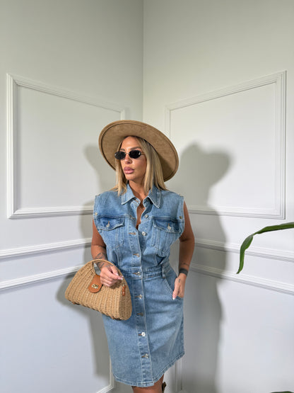 Abito in denim con manica removibile lavaggio chiaro Cindy w7958