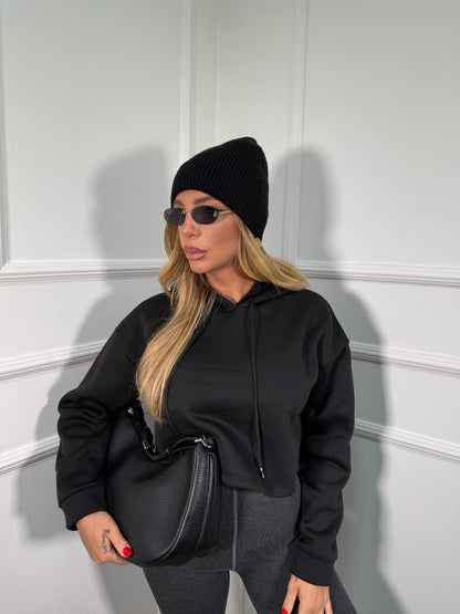 Felpa crop con cappuccio in pile nera