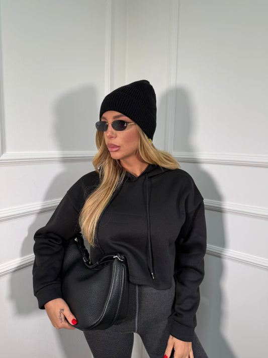 Felpa crop con cappuccio in pile nera