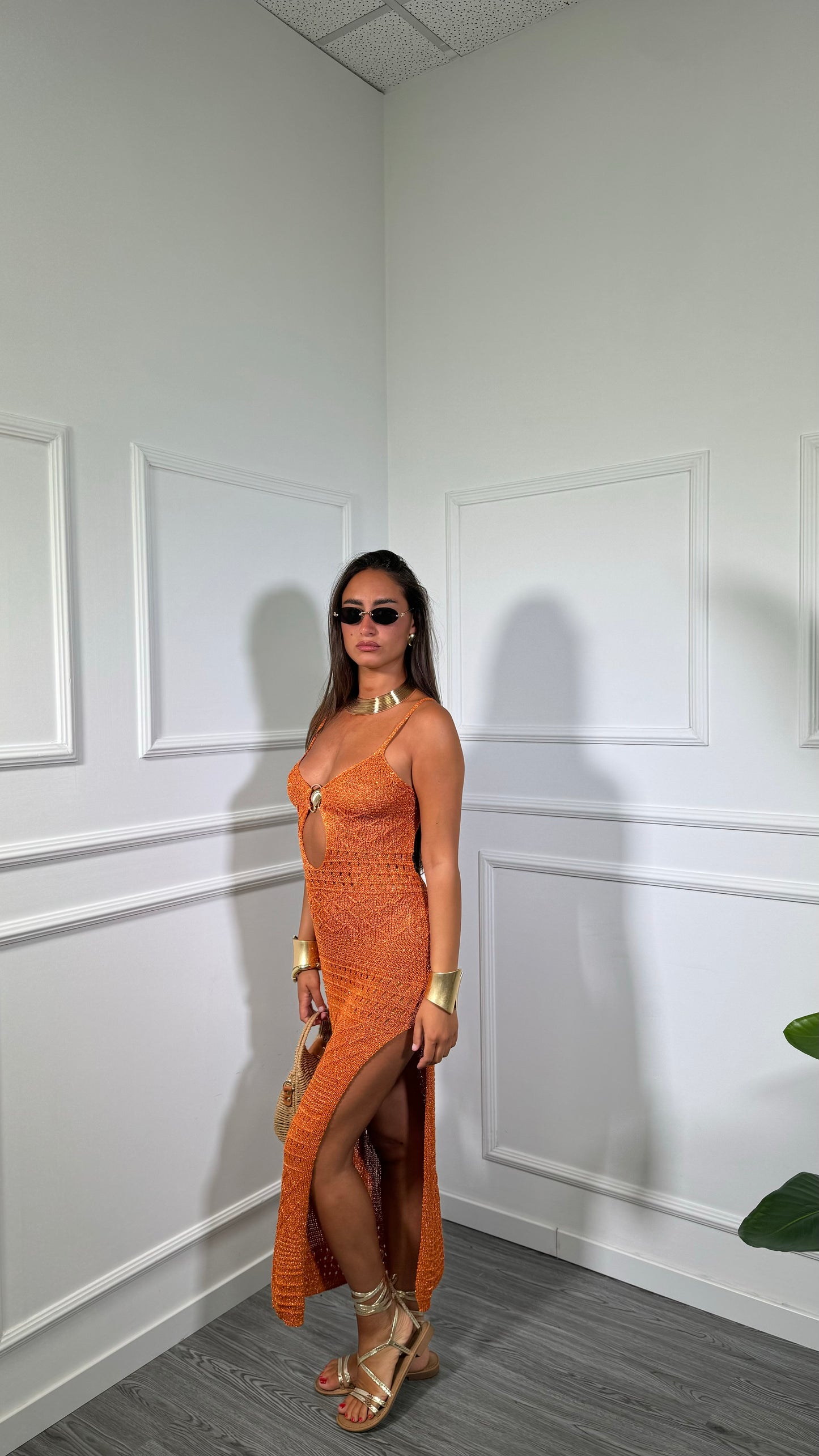 Abito midi in filo cut out lurex Bali arancio