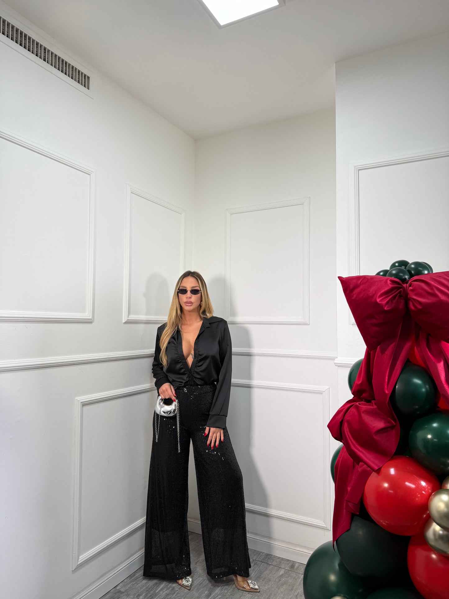 Pantaloni palazzo micro paillettes nero 30696