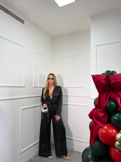 Pantaloni palazzo micro paillettes nero 30696