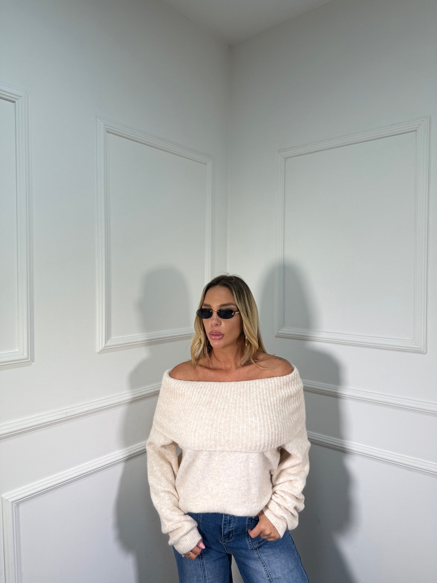 Maxi pull scollo a barca Candy panna 33895