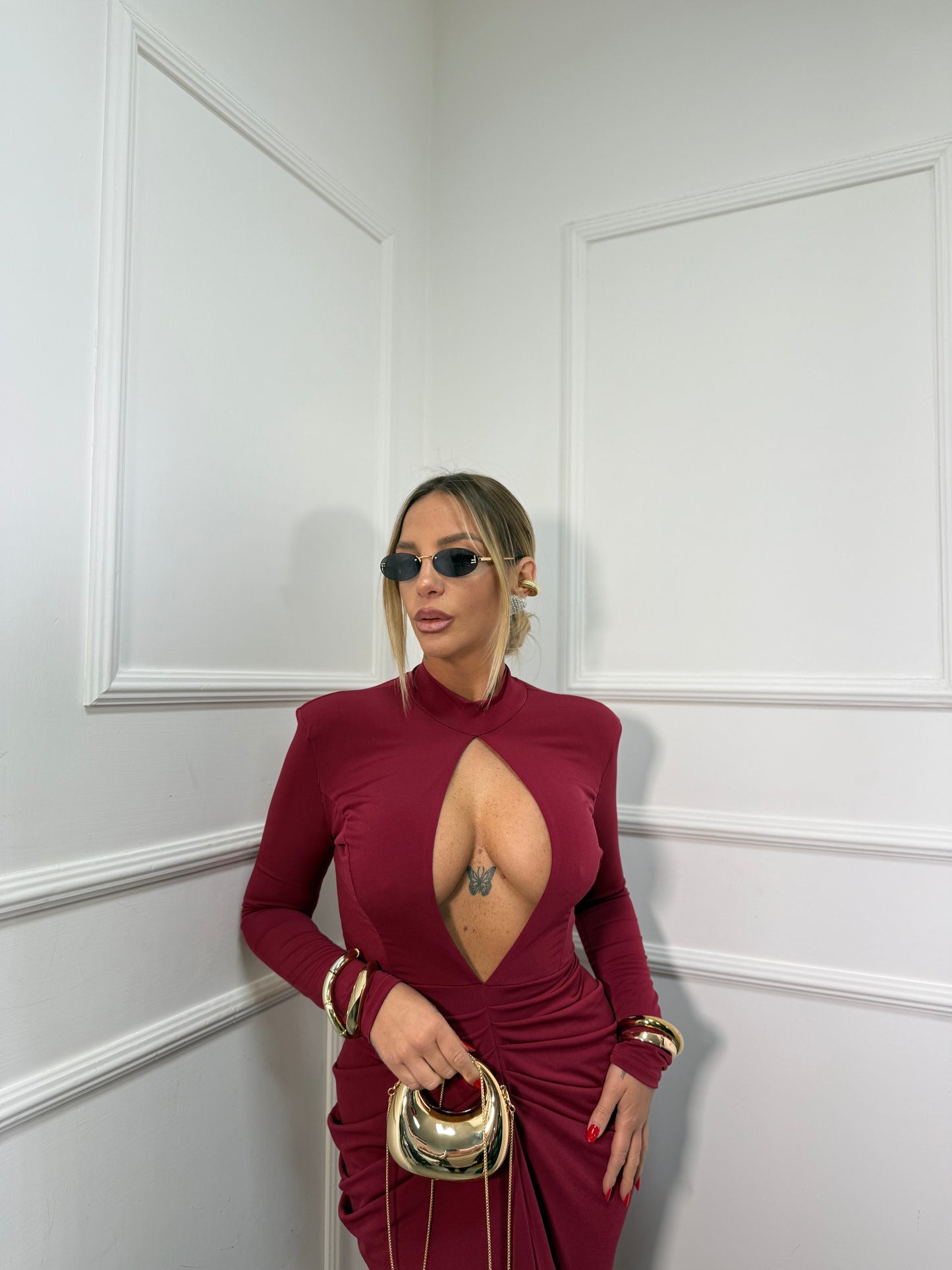 Abito lungo con spacco e scollo a goccia Paradise bordeaux 27640