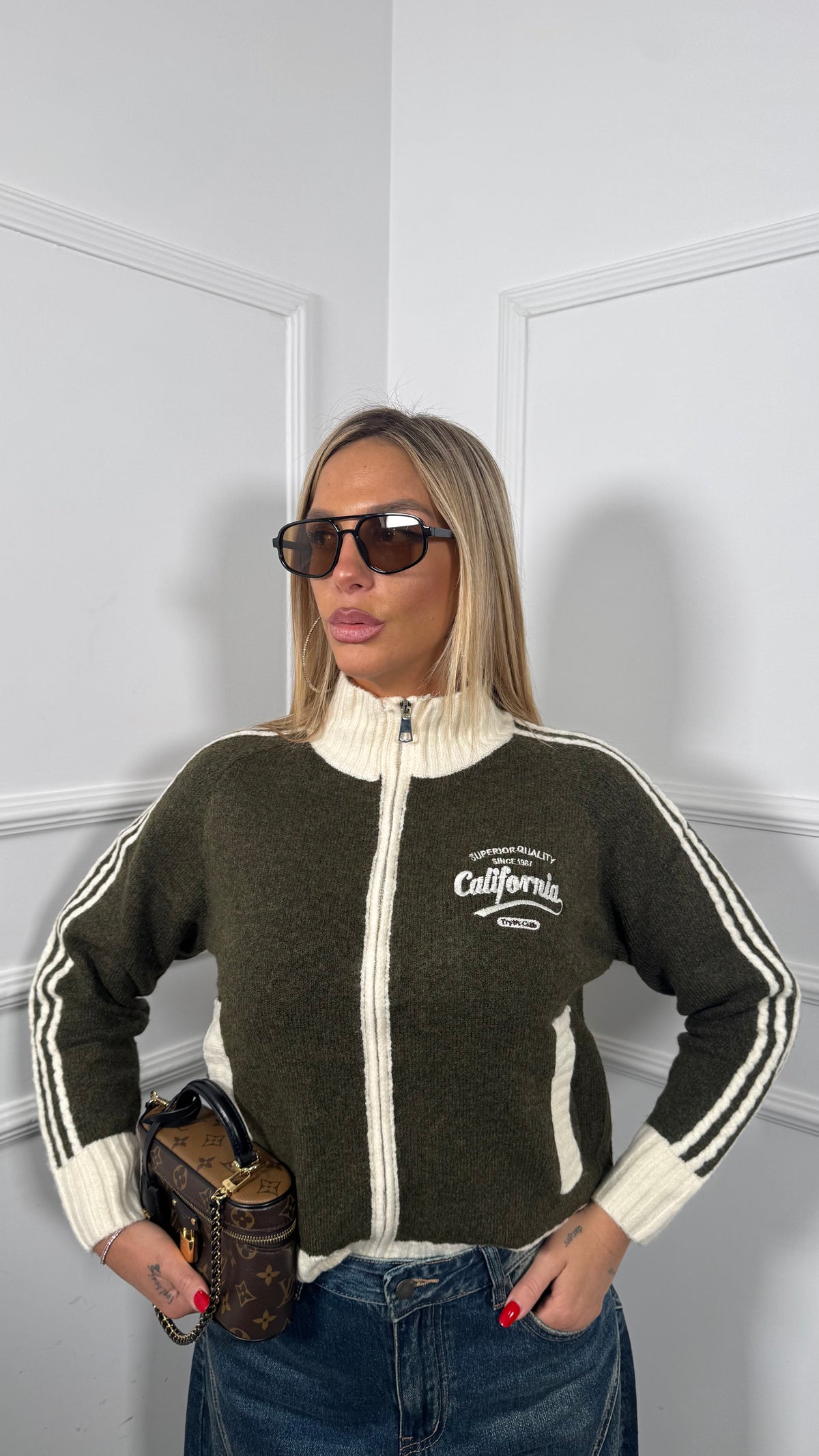 Pullover con zip lana cotta California verde oliva s11302