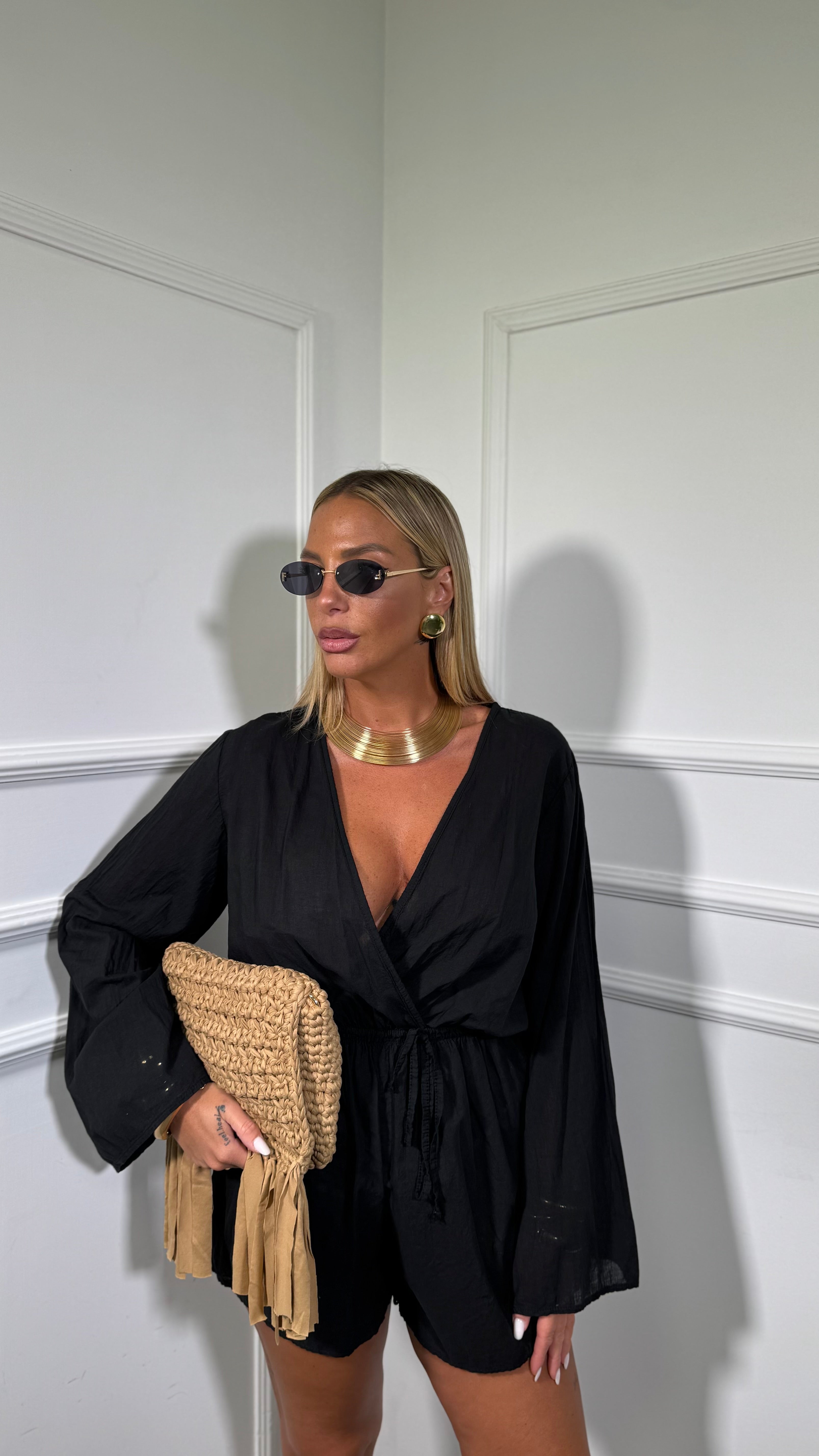 Jumpsuit in viscosa manica campana con coulisse Chloè nera