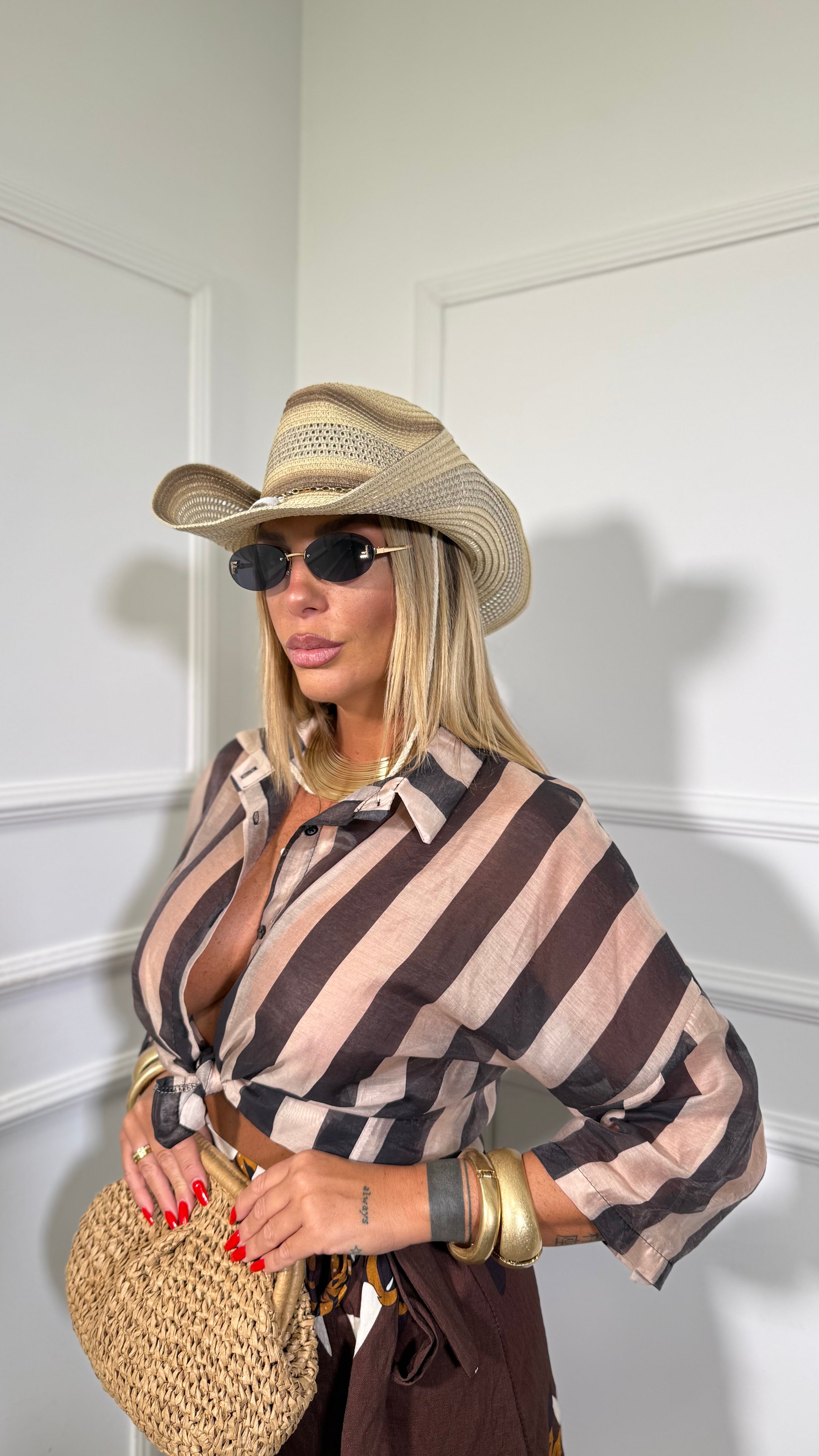 Camicia con colletto semi velata a righe Astrid beige/marrone in728712