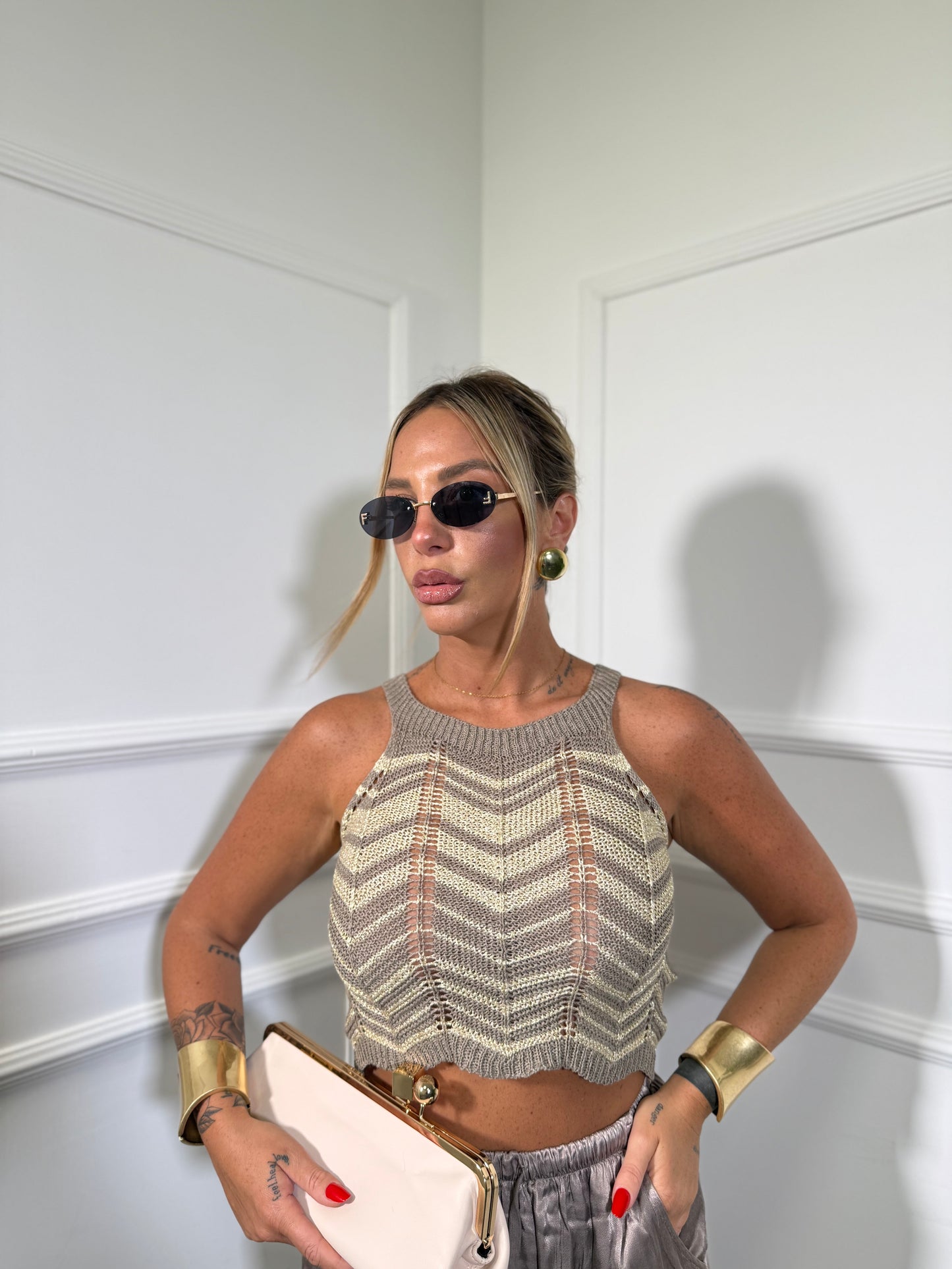 Top in filo lurex Nikki taupe/oro 4257