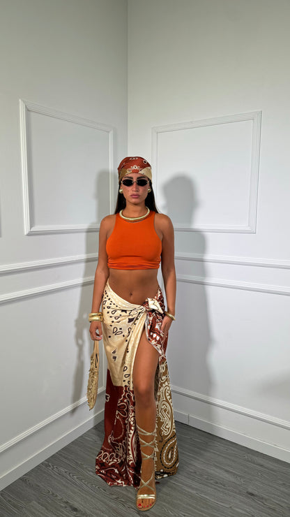 Pareo in satin + bandana fantasia paisley Raya coccio/champagne