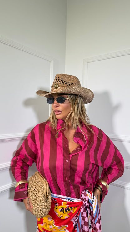 Camicia semi velata a righe larghe collo coreana bordeaux/fucsia 6568