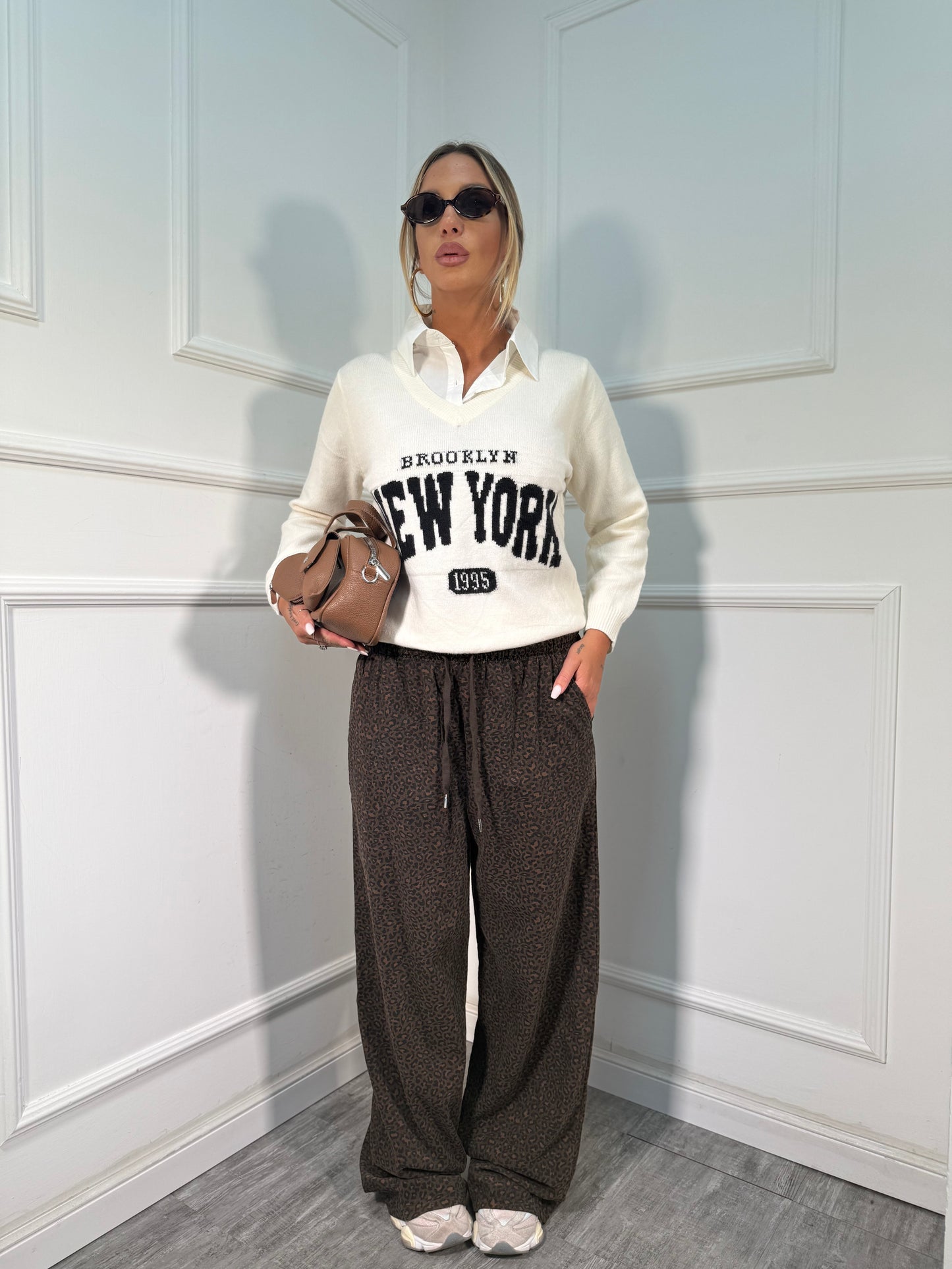 Pantaloni palazzo micro costine maculato marrone 24205