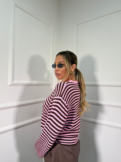 Pullover in maglia a righe manica campana rosa/cioccolato 025835