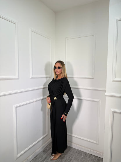 Abito midi drappeggiato con nodo Megan nero 4300