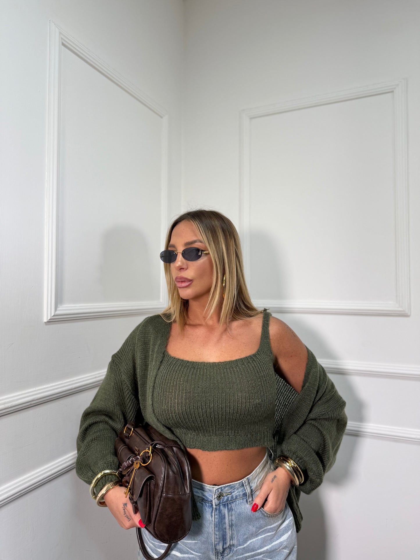 Twin set in lana cotta Bunny verde oliva