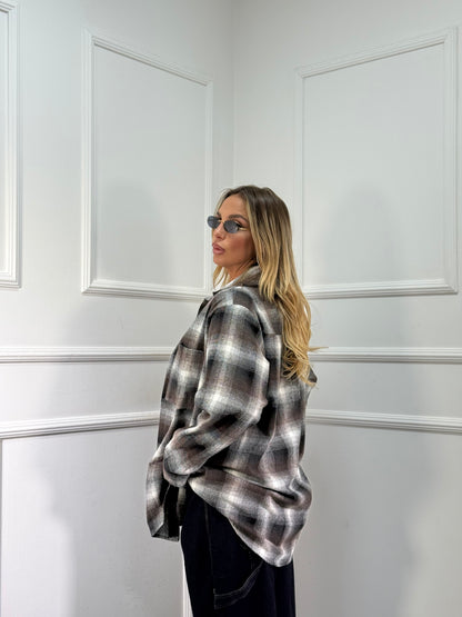 Camicia oversize in flanella con spalline Marshal marrone/bianca 25765