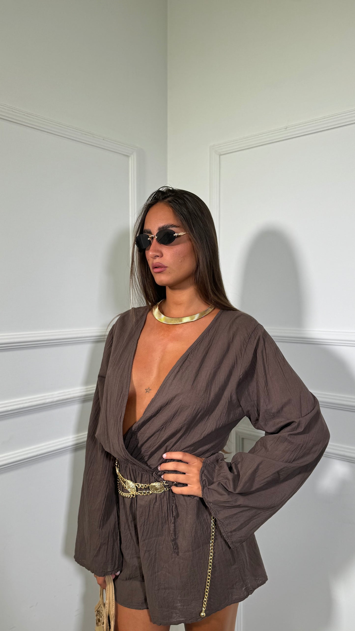 Jumpsuit in viscosa manica campana con coulisse Chloè cioccolato