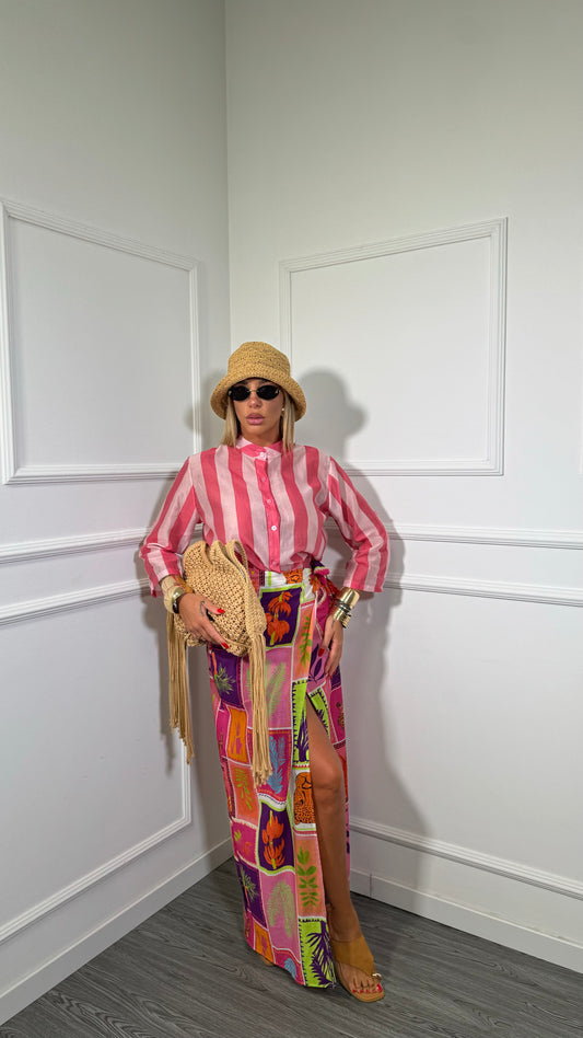 Gonna pareo midi in cotone multicolor rosa/viola