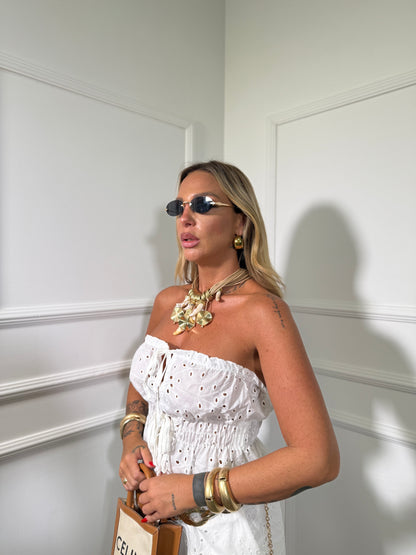 Coordinato con pantaloni in pizzo San gallo Amalfi bianco 53943