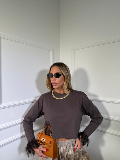 Shirt spalline con piume Francy cacao