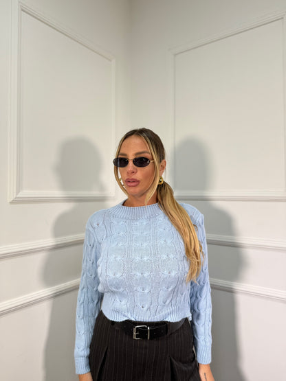 Pullover mezzo collo con trecce azzurro 022459