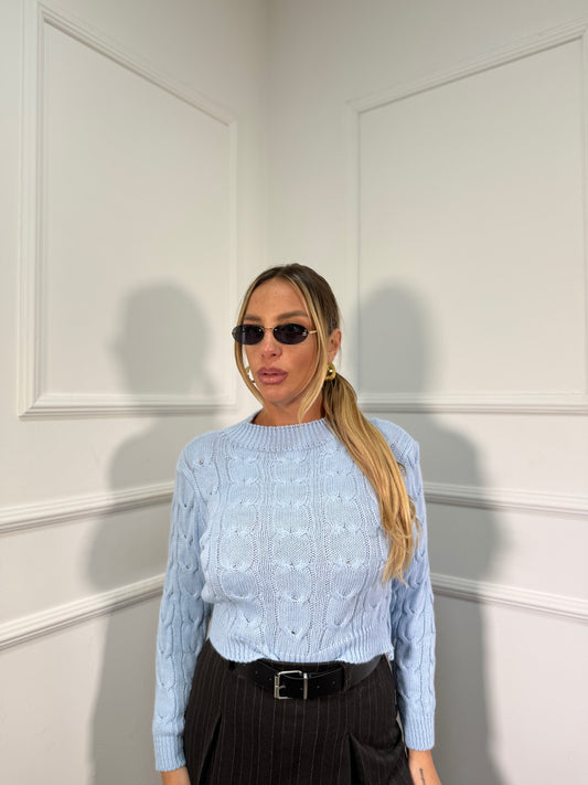 Pullover mezzo collo con trecce azzurro 022459