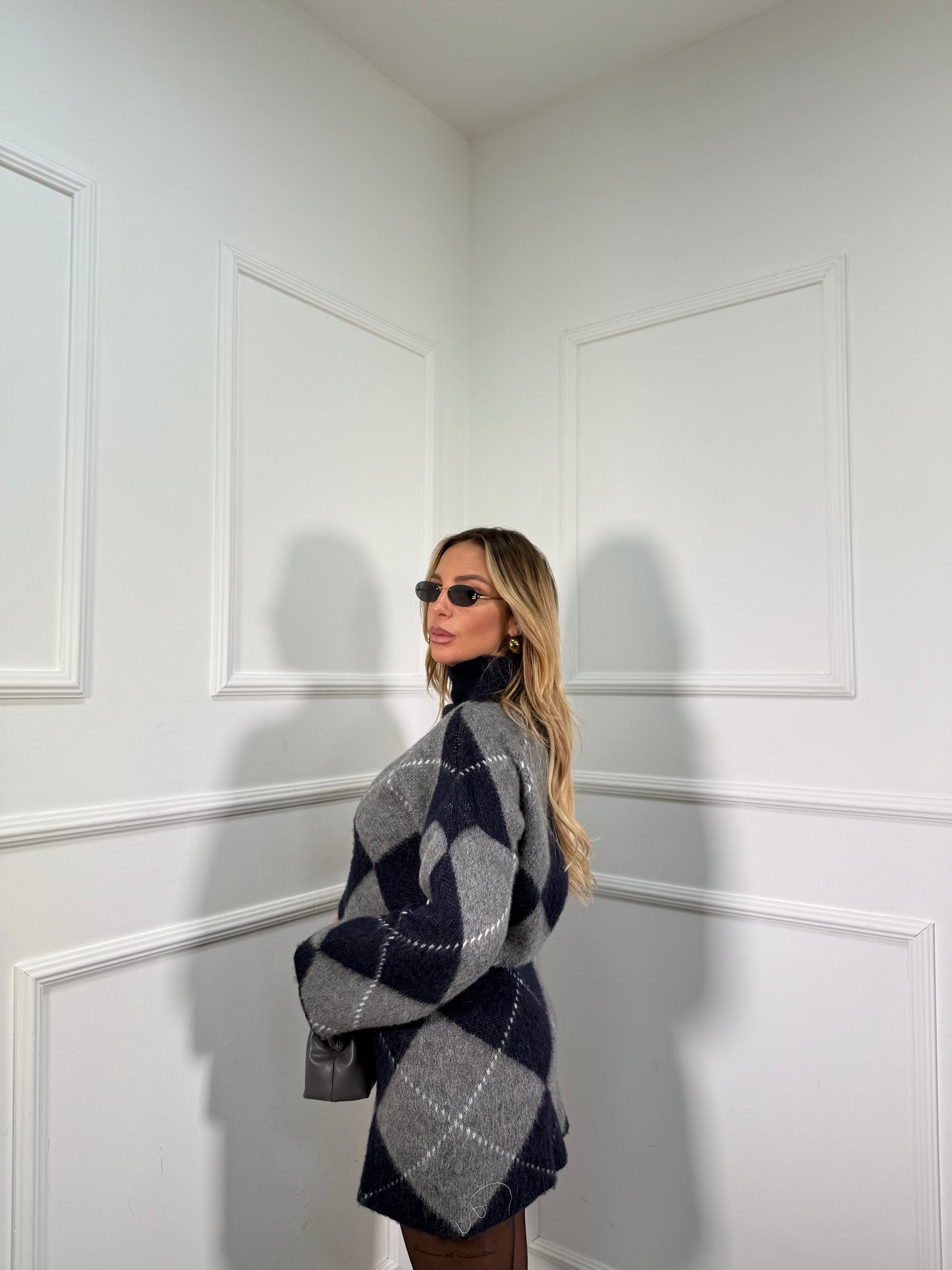 Coordinato rombi in lana cotta Joy blu/grigio