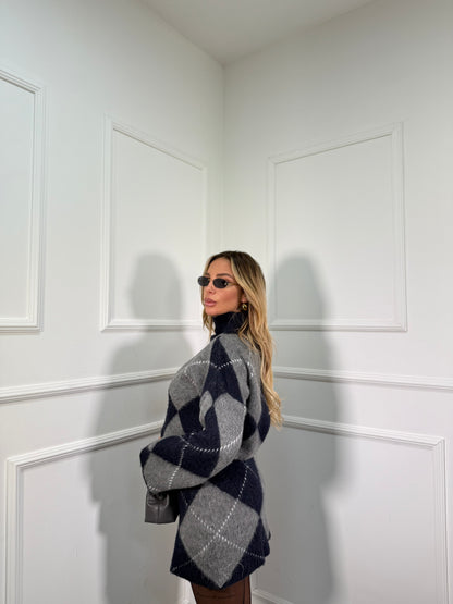 Coordinato rombi in lana cotta Joy blu/grigio
