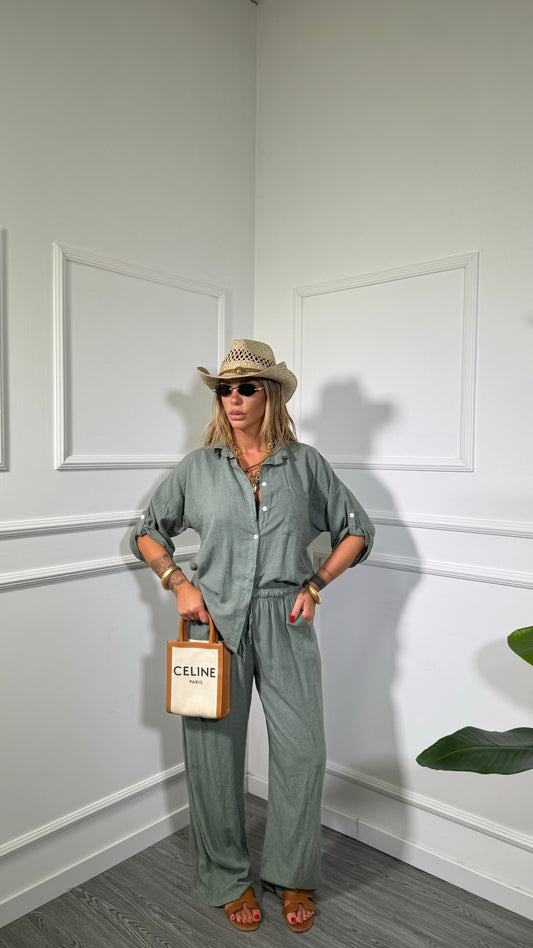 Coordinato in lino (SLIM XS a L) Shaty verde militare 25192