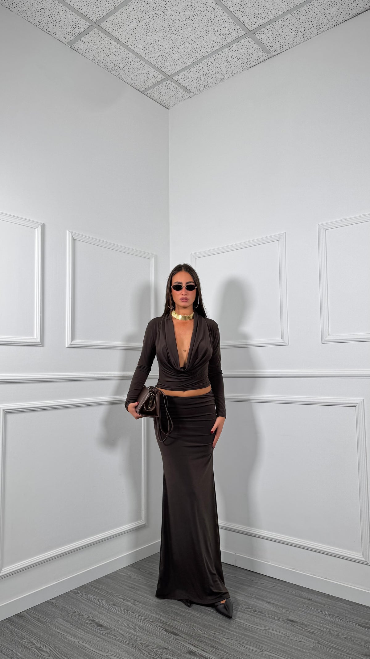 Coordinato in lycra con scollo bicchiere Elian cioccolato 26394