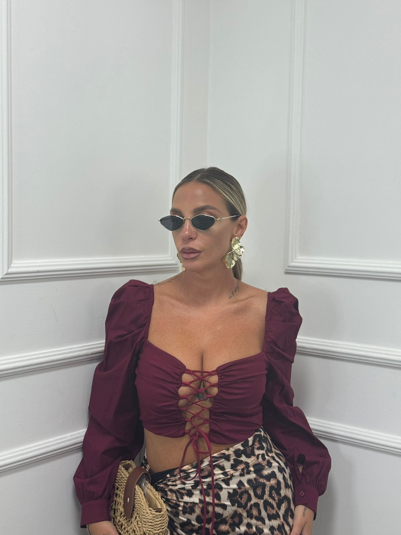 Top in cotone stringato bordeaux