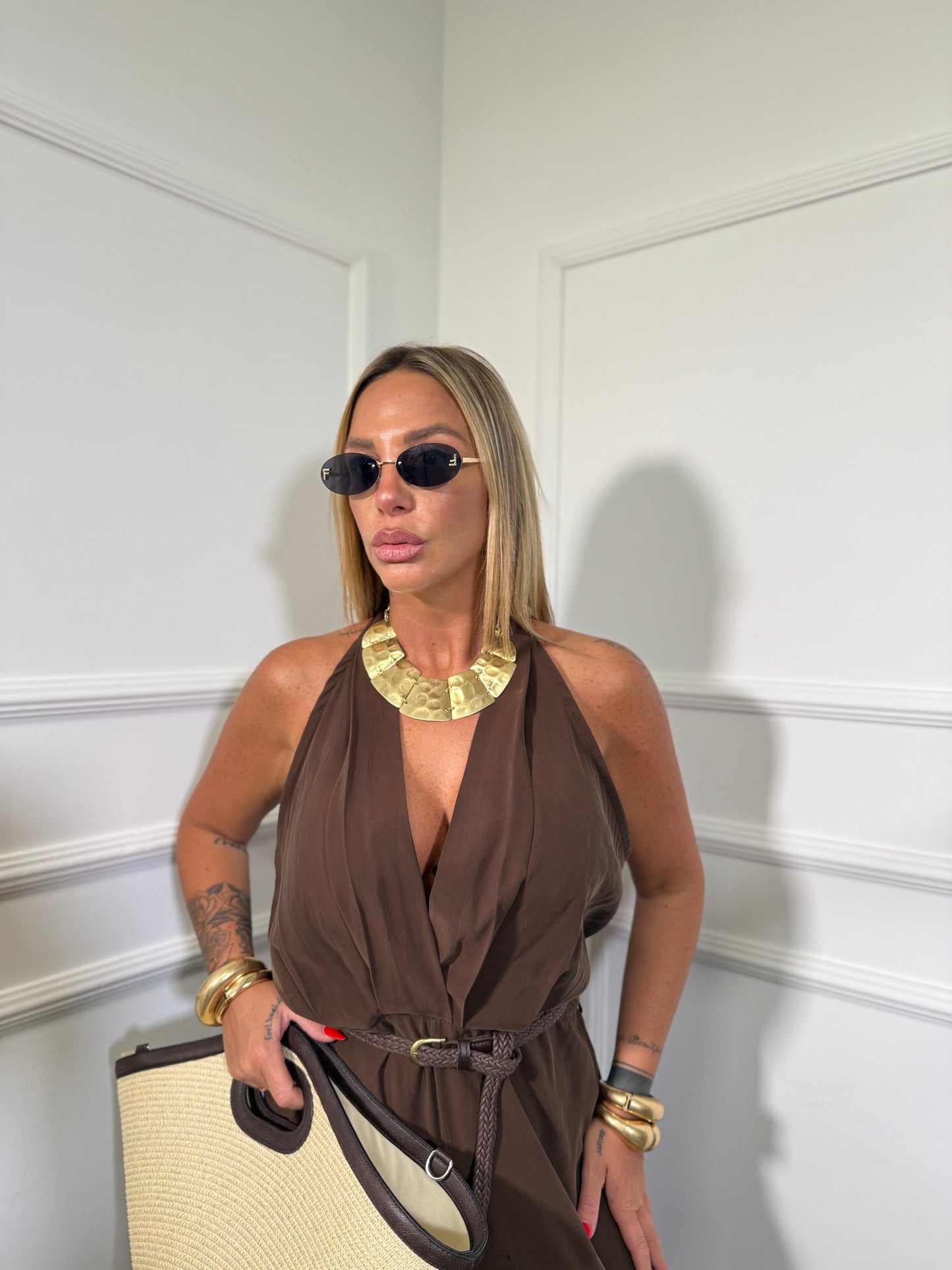 Jumpsuit palazzo 7/8 in viscosa con cintura (CURVY) cioccolato in977807