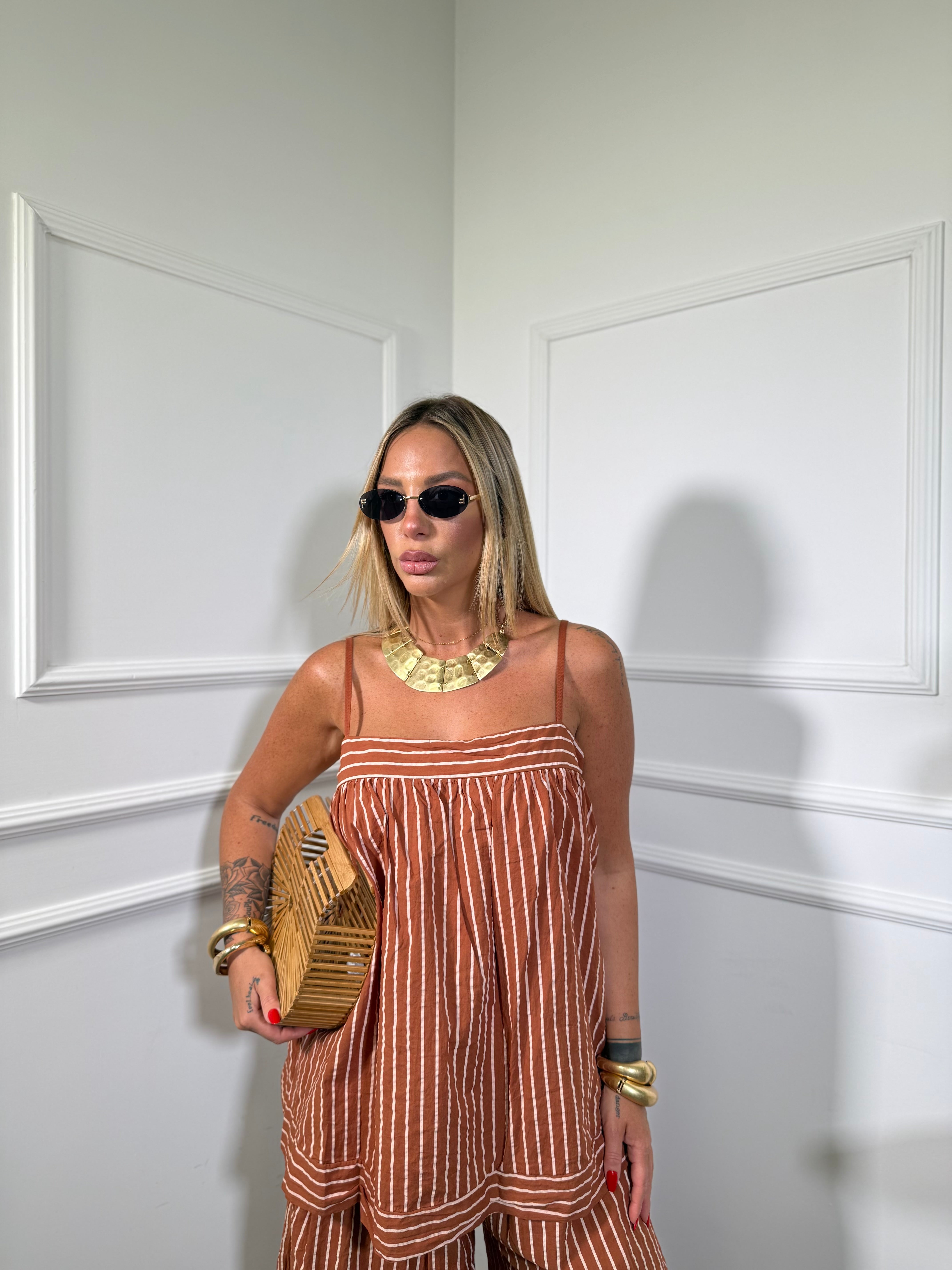 Coordinato in cotone a righe terracotta curvy 268177