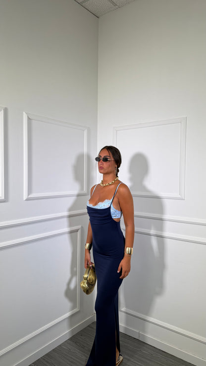 Abito lungo in lycra con bralette in pizzo blu 6073
