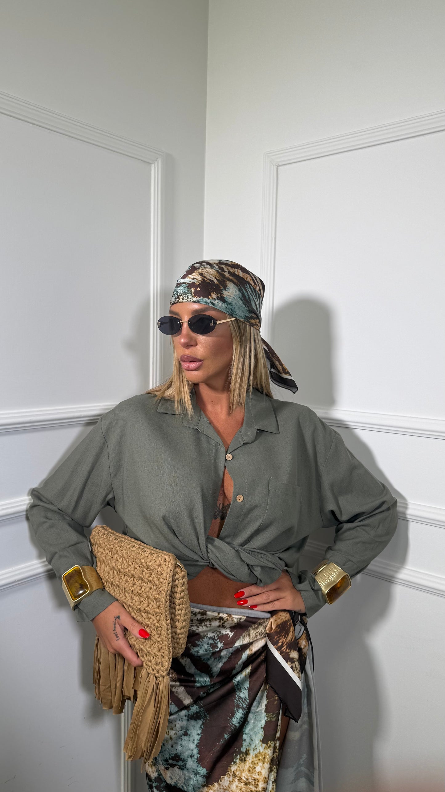 Camicia misto lino Beach verde militare 2437