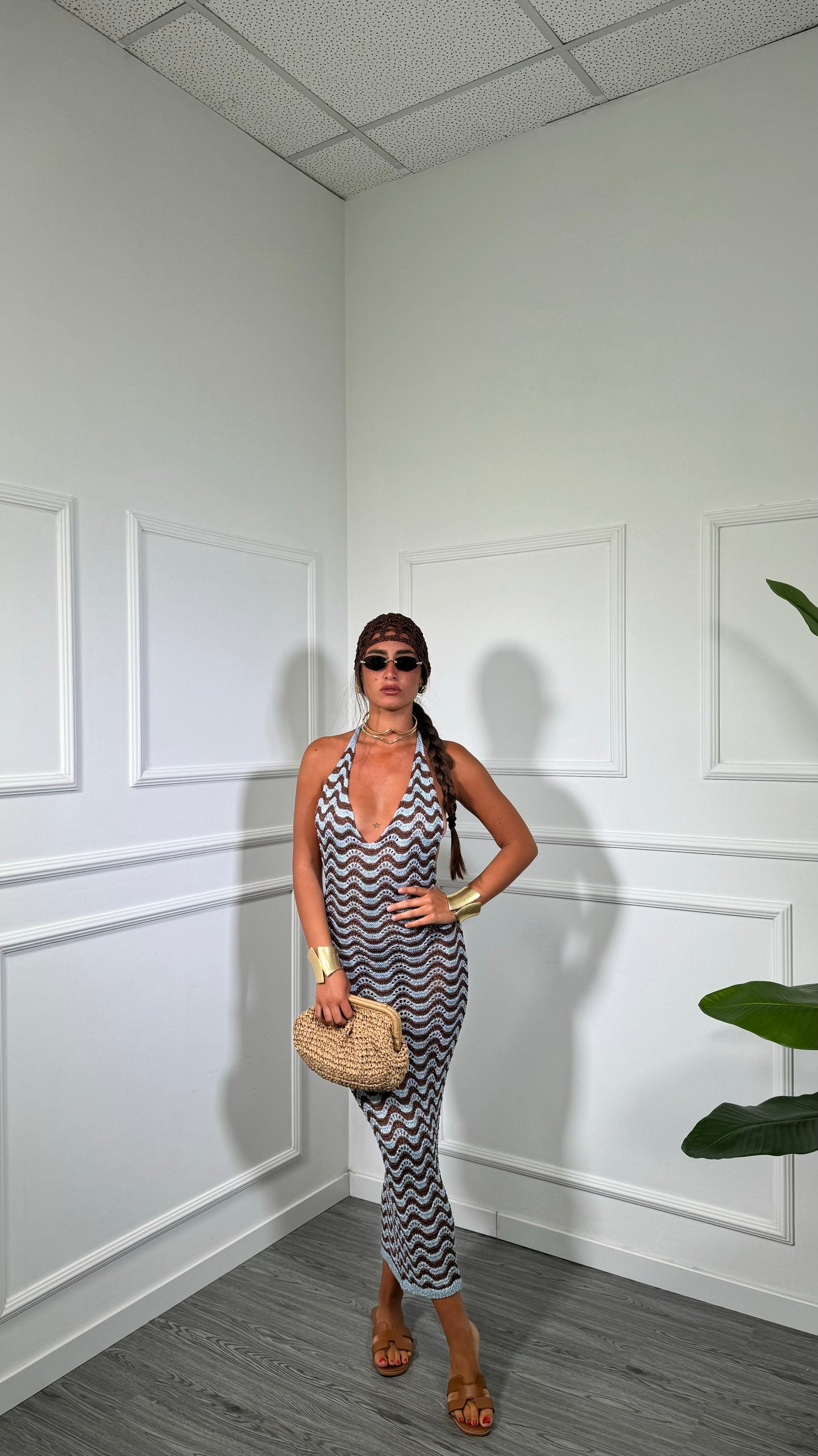 Abito midi in filo lurex zig zag Zama cioccolato/azzurro 3778