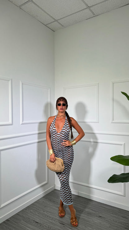 Abito midi in filo lurex zig zag Zama cioccolato/azzurro 3778